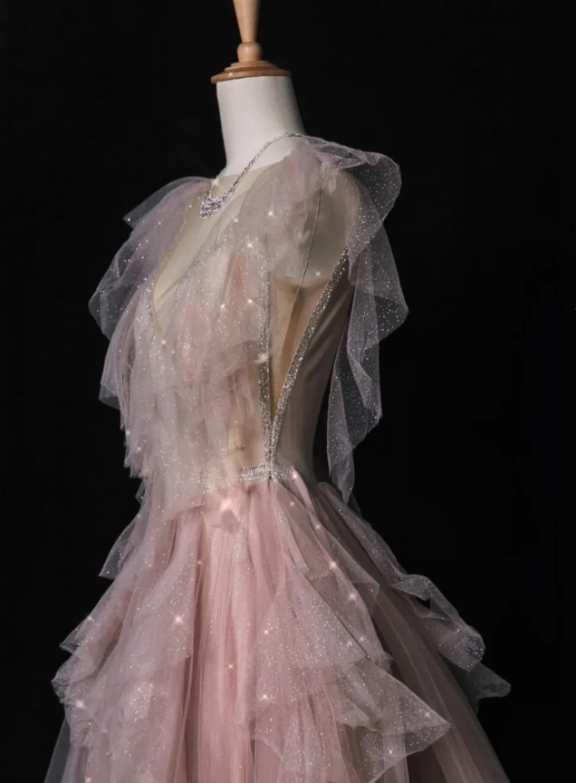 Pink Beaded A Line V Neck Ruffle Tulle Prom Dress Evening Dress Party Dress SH3619