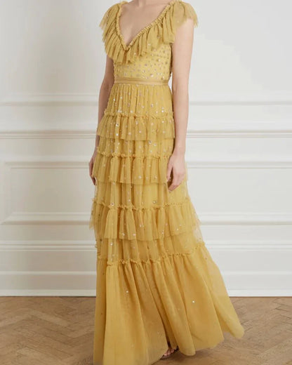 Yellow fashion unique ruffled V neck long floor length tulle ball gown evening dress gh2786