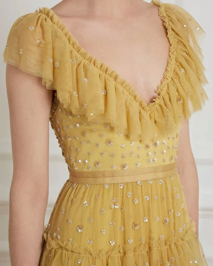 Yellow fashion unique ruffled V neck long floor length tulle ball gown evening dress gh2786