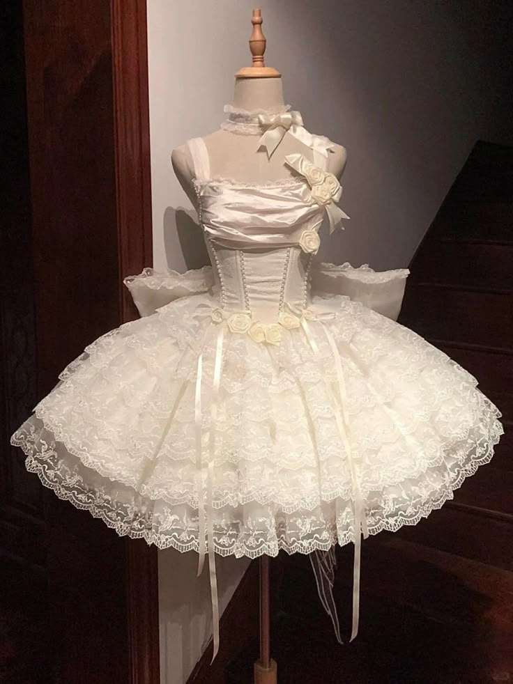 Classy Beige Floral Design Lace Layered Princess Birthday Dress With Big Bow  S397