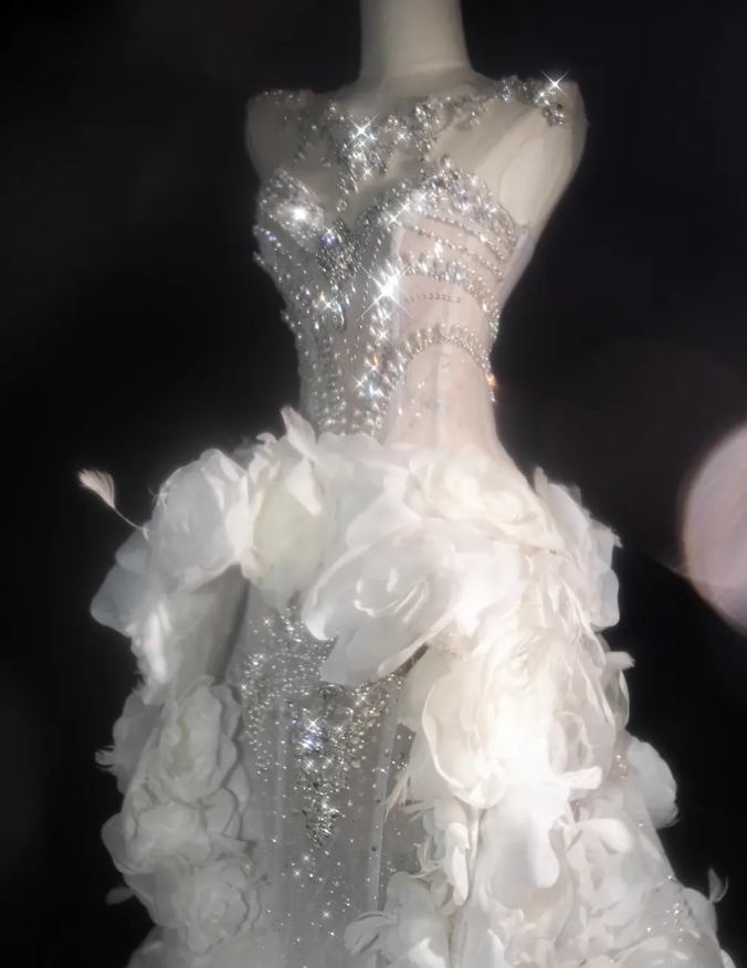 White Flower Exquisite Mermaid Rhinestone Tulle Strapless Prom Dress Evening Dress Party Dress SH3612