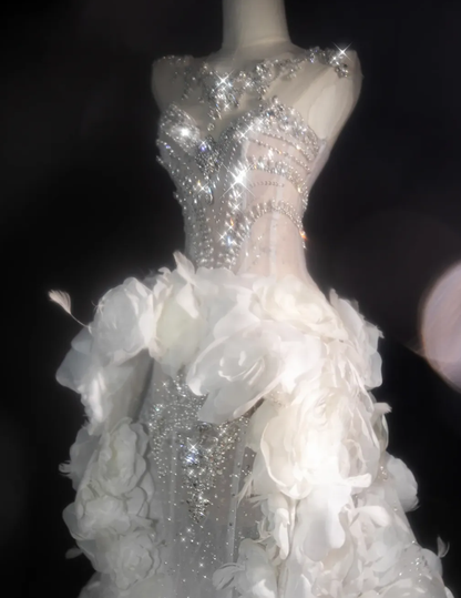 White Flower Exquisite Mermaid Rhinestone Tulle Strapless Prom Dress Evening Dress Party Dress SH3612