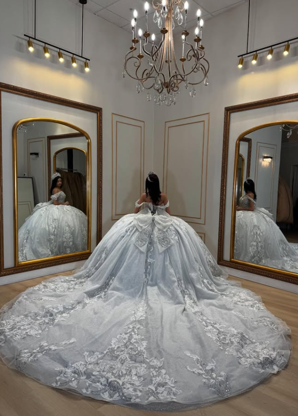 Gentle Blue Ball Gown Off the Shoulder Appliques Tulle Sweet 16 Dress Party Gowns Quinceanera Dresses SH3556