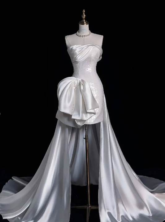 Cute Sheath Strapless Bow White Sequin Satin Long Sweep Prom Dress Graduation Prom Dress SH2566