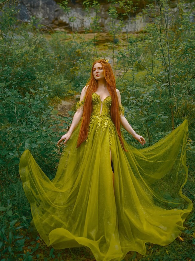 Fairy A Line Off the Shoulder Corset Appliques Green Tulle Prom Dress Evening Dress SH2180