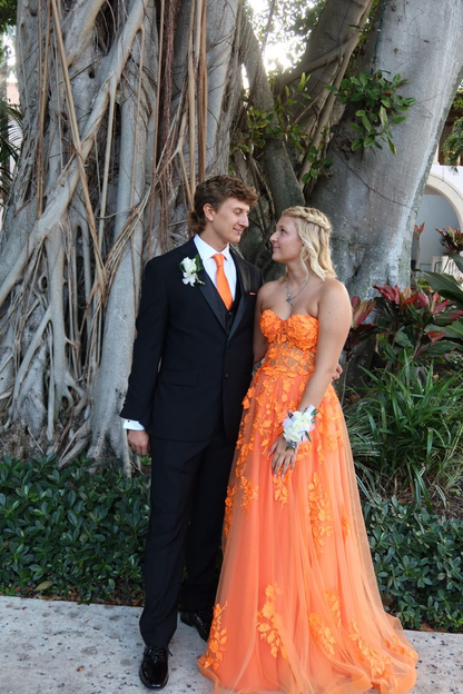 Strapless Tulle Appliques Long Evening Dress Orange Prom Dress SH965