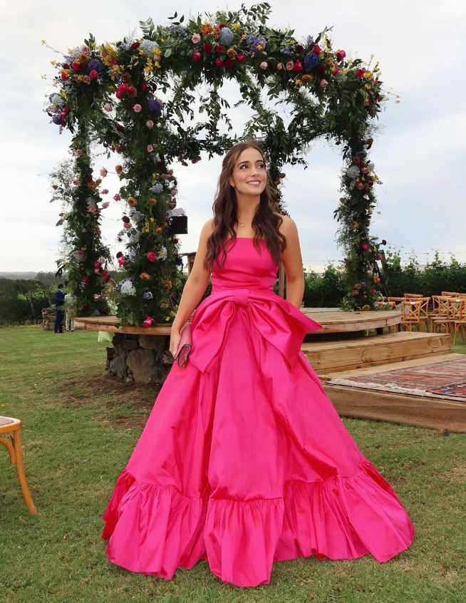 Hot Pink A Line Strapless Satin Long Prom Dress Birthday Dress with Bow SH2071