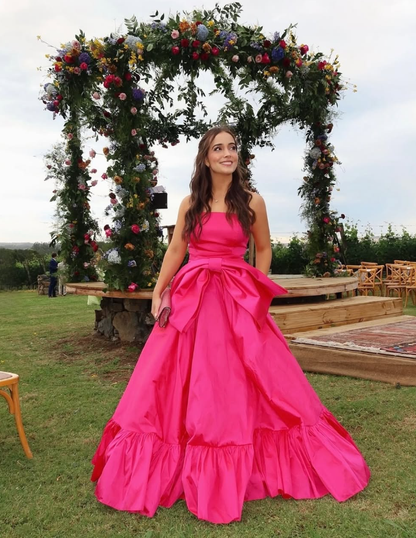 Hot Pink A Line Strapless Satin Long Prom Dress Birthday Dress with Bow SH2071