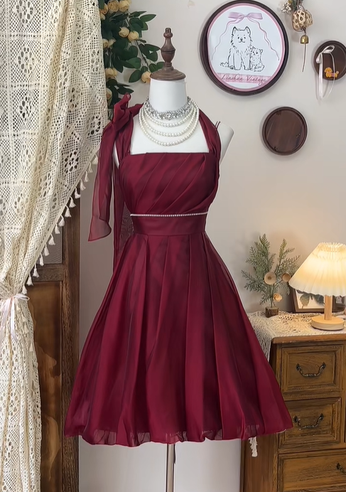 Vintage Burgundy Halter Chiffon A Line Homecoming Dress Cocktail Dress Mini Birthday Outfits S326