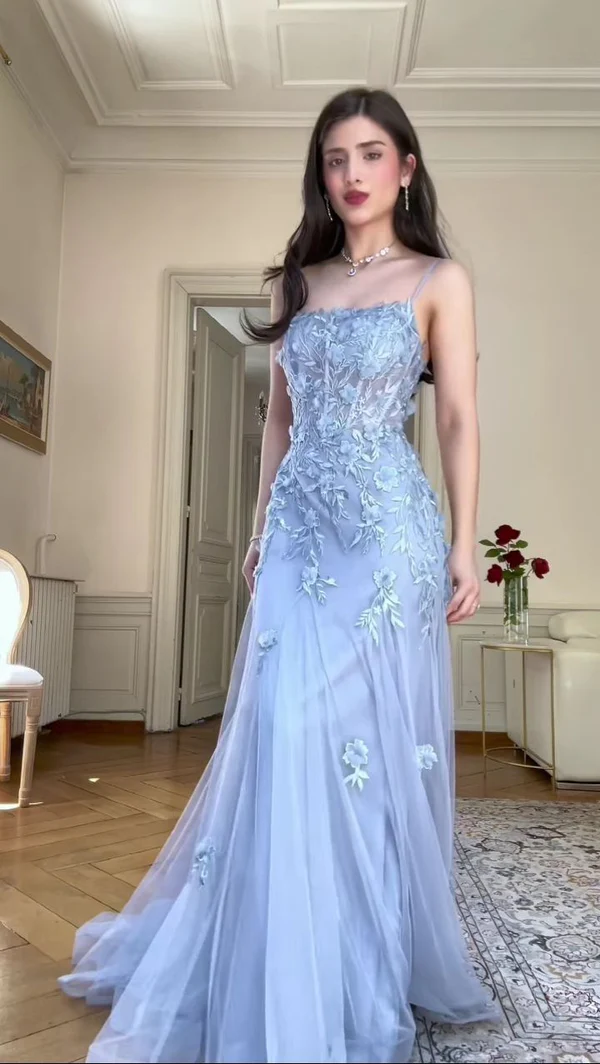 Classy Blue Tulle Appliques Mermaid Evening Dress Long Open Back