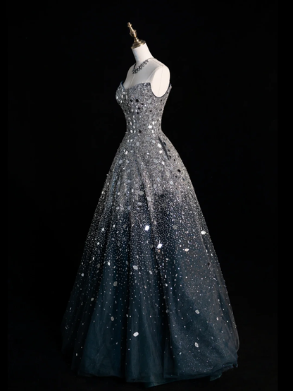 Gorgeous A Line Sweetheart Neck Beaded Sequin Black Tulle Long Prom Dress Evening Dress SH2559