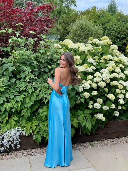 Blue Backless Mermaid Satin Long Evening Prom Dress SH1527