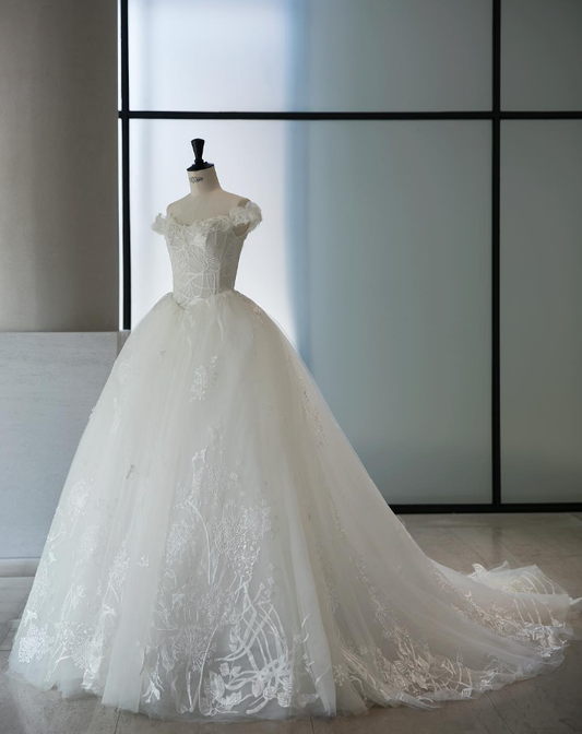 Elegant A Line Off the Shoulder Appliques Tulle Ball Gown Wedding Dress SH2027
