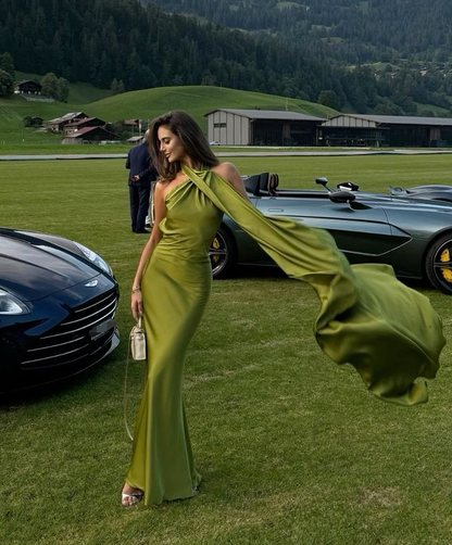 Elegant Sheath Long Sleeve Green Satin Long Open Back Prom Dress Evening Dress SH1556