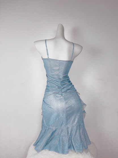 Classy Blue Spaghetti Straps Ruffles Homecoming Dress Short Birthday Dress S606