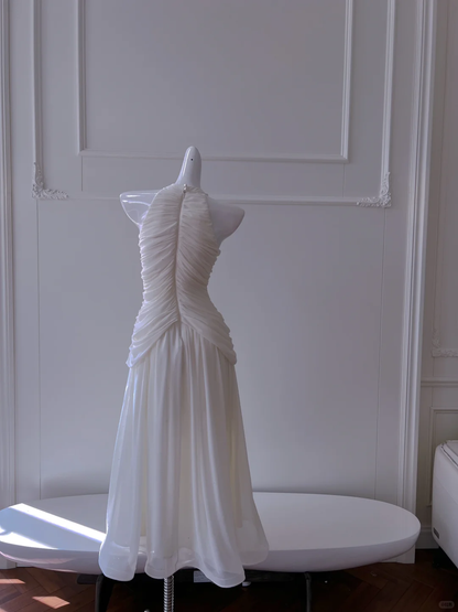 Elegant Chiffon Pleated Sleeveless Birthday Party Dress White Vacation Dress With Pearls S484