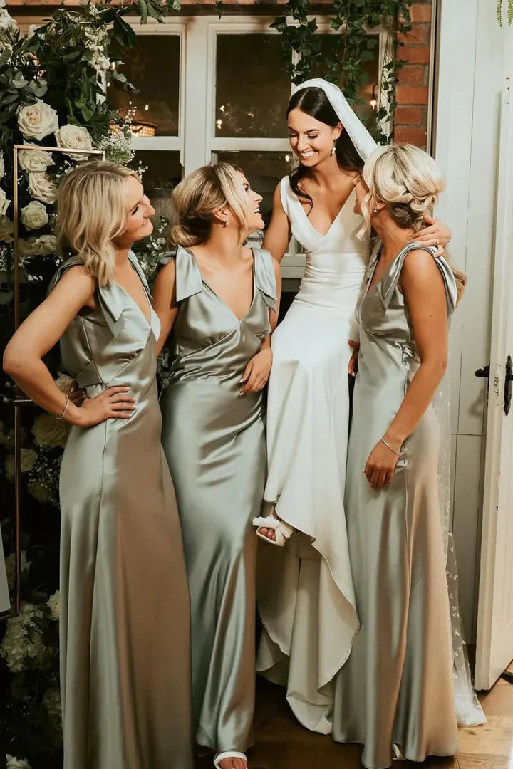 Fashion Sheath V Neck Sage Green Silk Satin Bridesmaid Dress with Bow/Formal Wear Dresses SH2549
