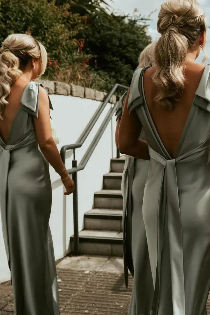 Fashion Sheath V Neck Sage Green Silk Satin Bridesmaid Dress with Bow/Formal Wear Dresses SH2549