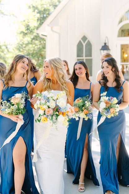 Simple Mermaid Spaghetti Straps Blue Long Bridesmaid Dresses with Bow Back/Formal Wear Dresses SH2547