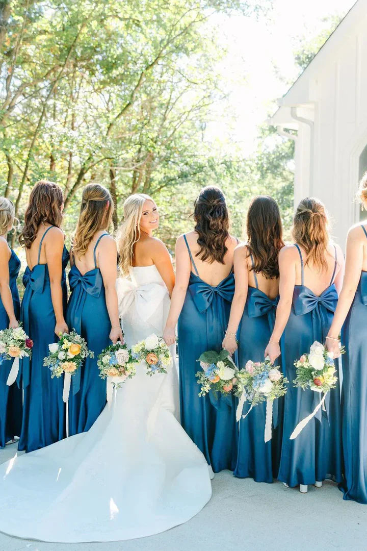 Simple Mermaid Spaghetti Straps Blue Long Bridesmaid Dresses with Bow Back/Formal Wear Dresses SH2547