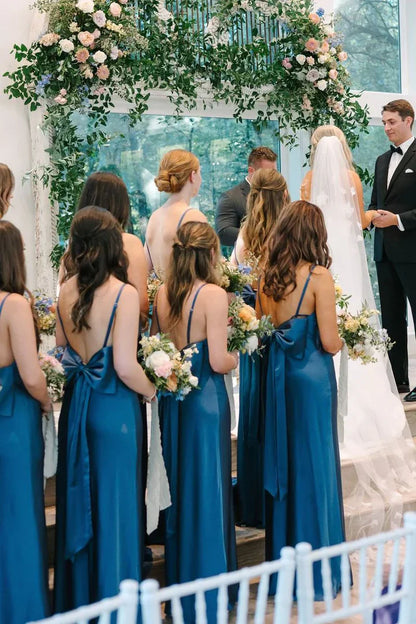 Simple Mermaid Spaghetti Straps Blue Long Bridesmaid Dresses with Bow Back/Formal Wear Dresses SH2547