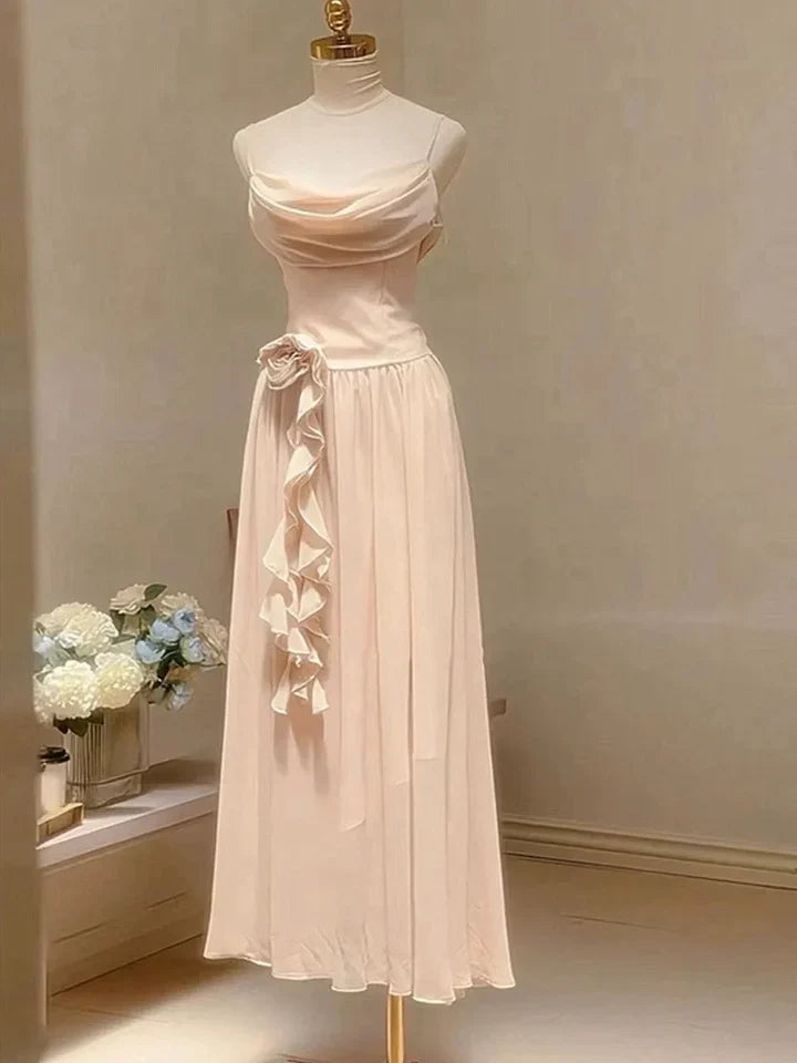 Pink Elegant Ruffle Spaghetti Strap Pearl Beading A-Line Sleeveless Long Chiffon Evening Gown Ball Gown Bridesmaid Dresses gh4194