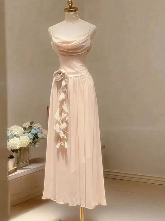 Pink Elegant Ruffle Spaghetti Strap Pearl Beading A-Line Sleeveless Long Chiffon Evening Gown Ball Gown Bridesmaid Dresses gh4194