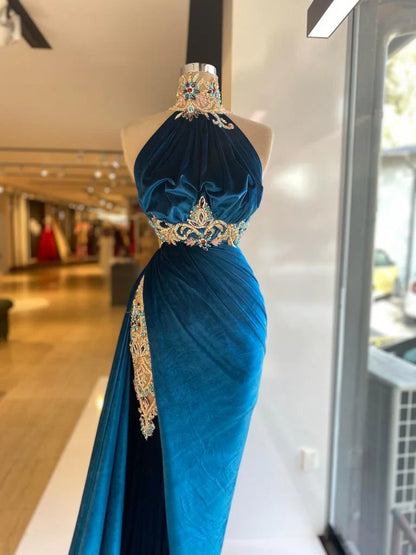 Blue sexy elegant fashion exquisite lace beading long velvet slit floor-length ball gown evening dress gh3413