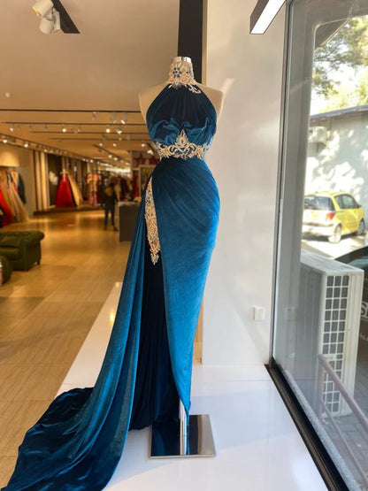Blue sexy elegant fashion exquisite lace beading long velvet slit floor-length ball gown evening dress gh3413