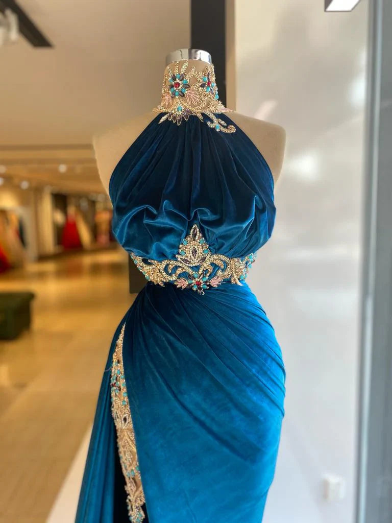 Blue sexy elegant fashion exquisite lace beading long velvet slit floor-length ball gown evening dress gh3413