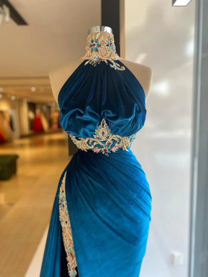 Blue sexy elegant fashion exquisite lace beading long velvet slit floor-length ball gown evening dress gh3413
