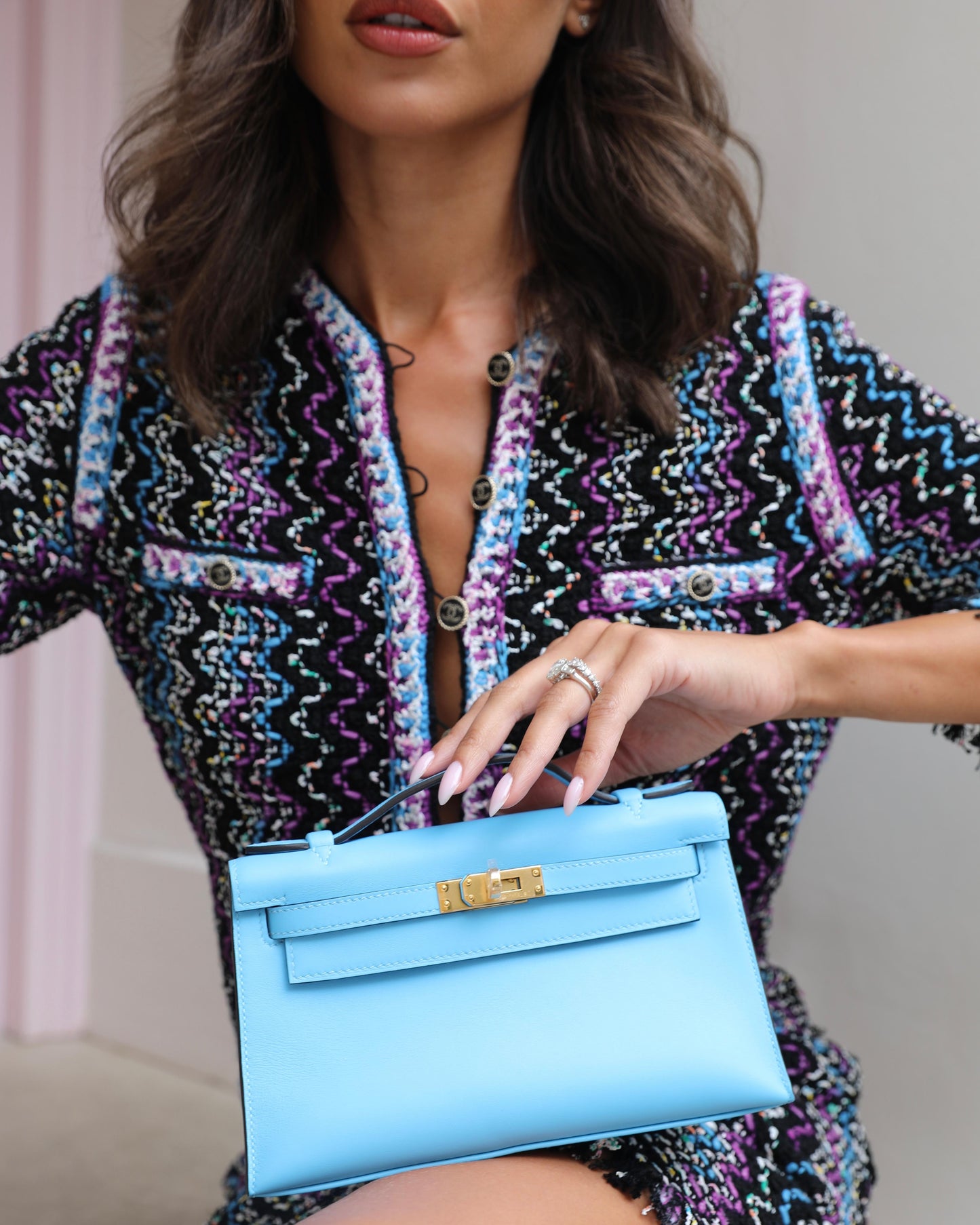 Hermès Kelly Pochette Bag in Bleu Celeste Swift Leather with Gold Hardware