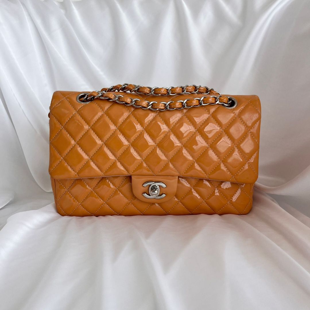 Chanel Gold/Orange Quilted Patent Leather Classic Double Flap Bag