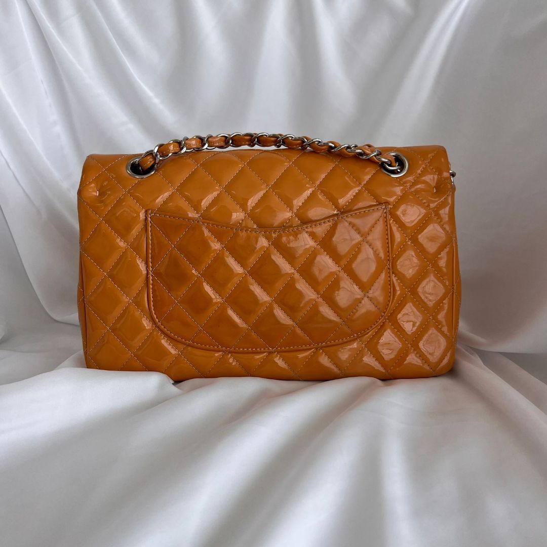 Chanel Gold/Orange Quilted Patent Leather Classic Double Flap Bag
