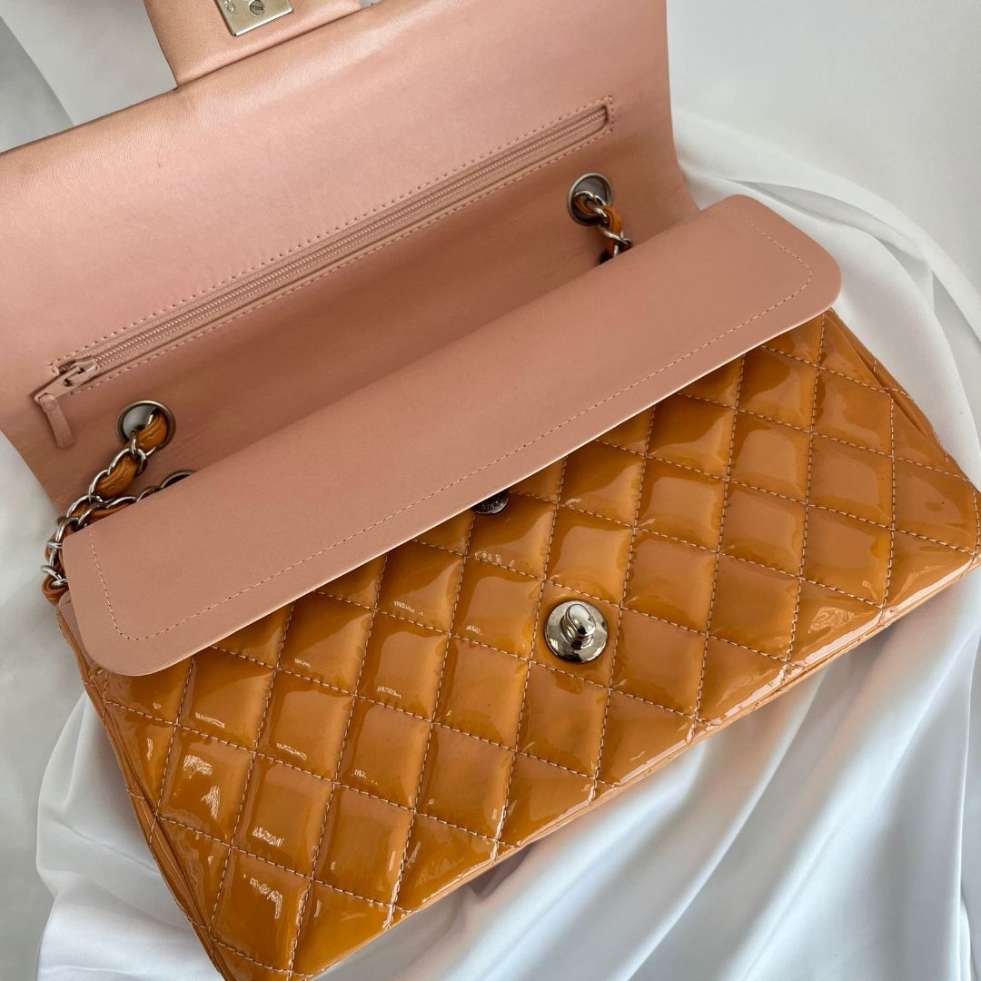 Chanel Gold/Orange Quilted Patent Leather Classic Double Flap Bag