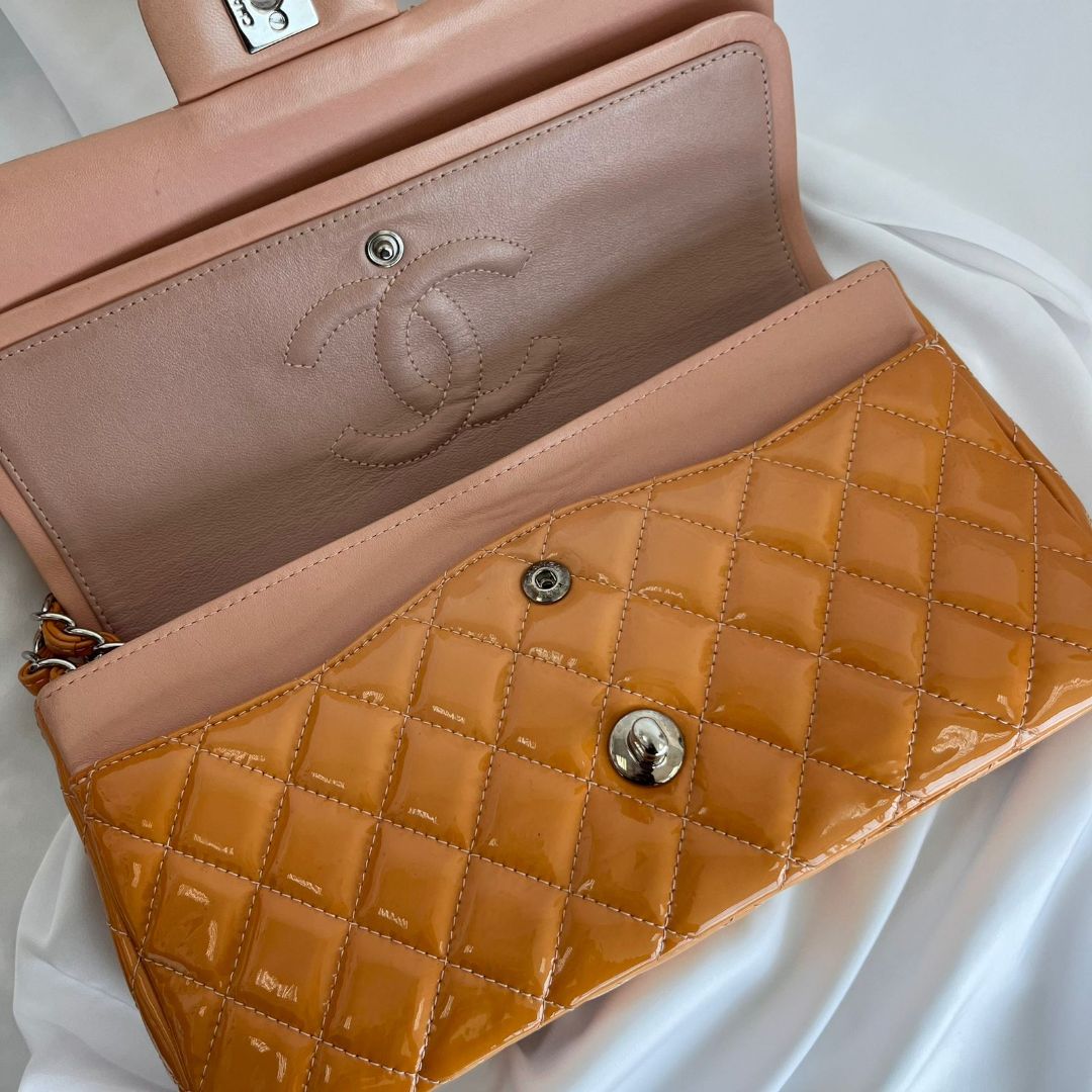 Chanel Gold/Orange Quilted Patent Leather Classic Double Flap Bag