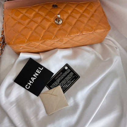 Chanel Gold/Orange Quilted Patent Leather Classic Double Flap Bag