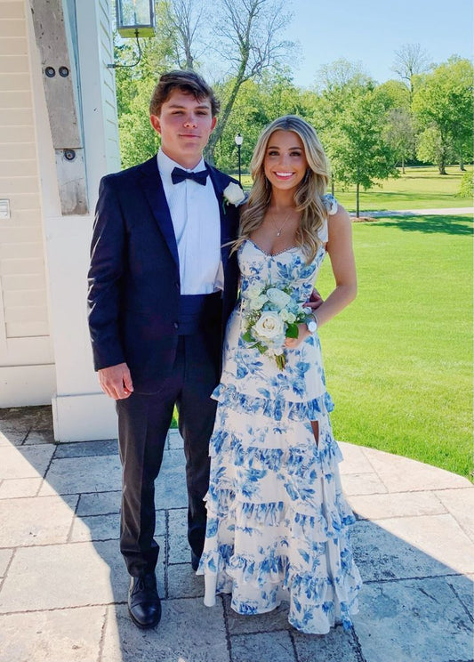 Blue floral elegant long formal evening gown sleeveless slit dress party dress gh3010