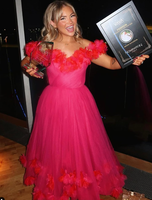 Cute A Line Off the Shoulder 3D Floral Pink Tulle Prom Dress Evening Dress SH2022