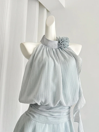 Blue Mini Sleeveless Chiffon Dress Women Frock Vacation Dress S227