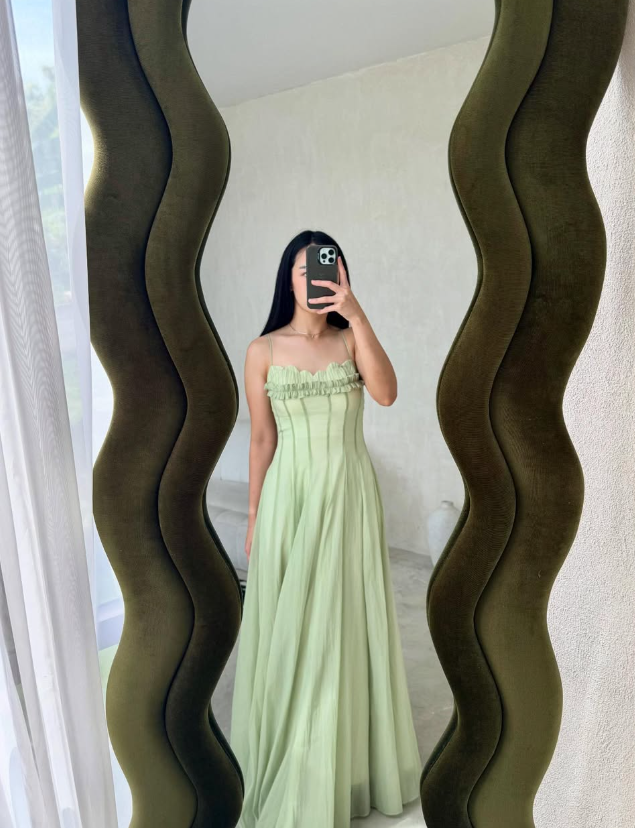 Gentle A Line Spaghetti Strap Green Chiffon Long Prom Dress Evening Dress SH2629