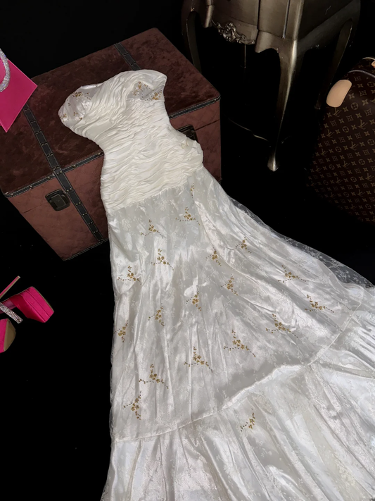 White A Line Sweetheart Neck Beaded Pleated Satin Lace Prom Dress Evening Dress SH3183