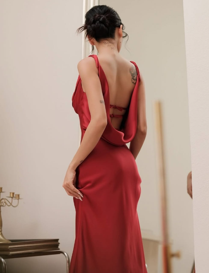 Elegant Sheath Strap Burgundy Satin Open Back Prom Dress Evening Dress SH2150