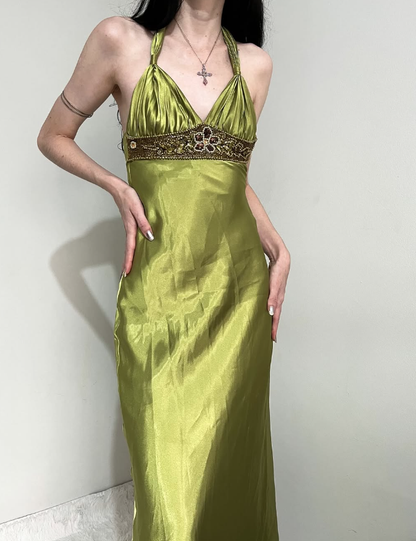 Vintage Sheath Halter Beaded Green Satin Open Back Prom Dress Graduation Prom Dress SH2570