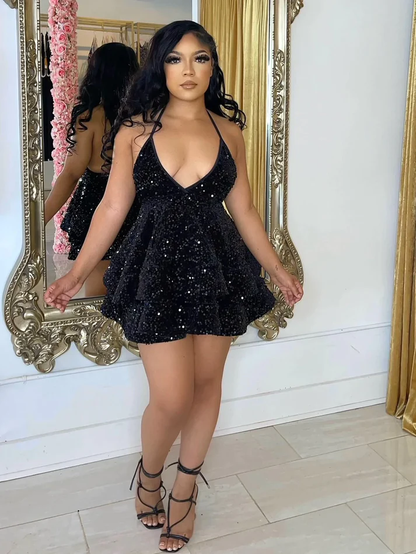 Sexy V-Neck Halter Pink Short Homecoming Dress Sequins Party Dress SH600