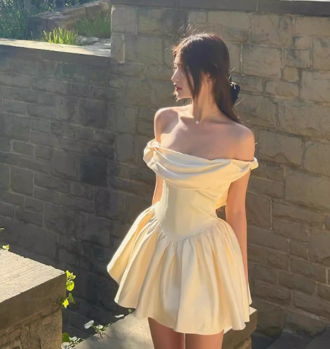 Cute A Line Off the Shoulder Ivory Satin Short Homecoming Dress Birthday Dress SH3025