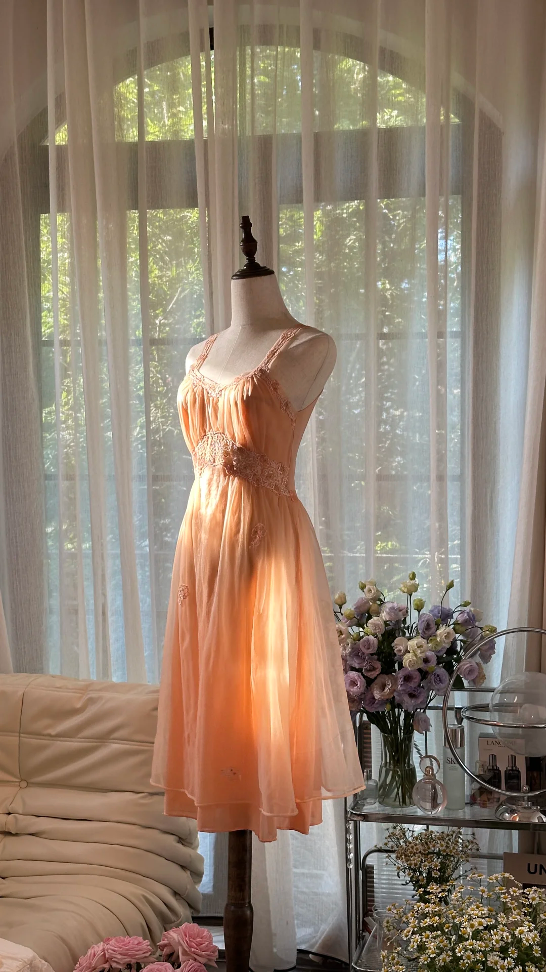 Cute A Line Strap Lace Applies Light Orange Chiffon Homecoming Dress Evening Dress SH2960