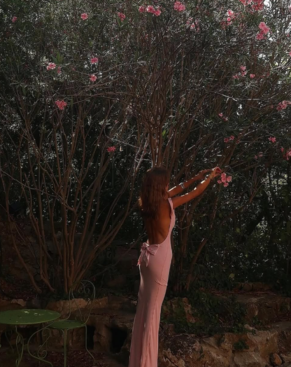 Sexy Sheath Strap Bow Pink Satin Open Back Long Prom Dress Graduation Prom Dress SH2616