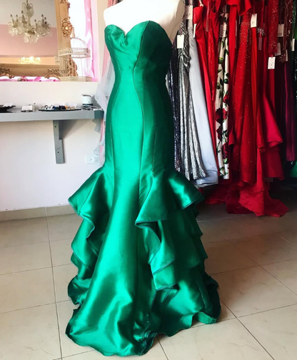 Charming Mermaid Sweetheart Ruffle Green Satin Long Prom Dress Evening Dress SH2011
