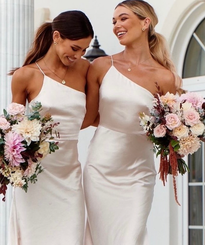 Simple Sheath One Shoulder White Satin Open Back Bridesmaid Dress Evening Dress SH3201